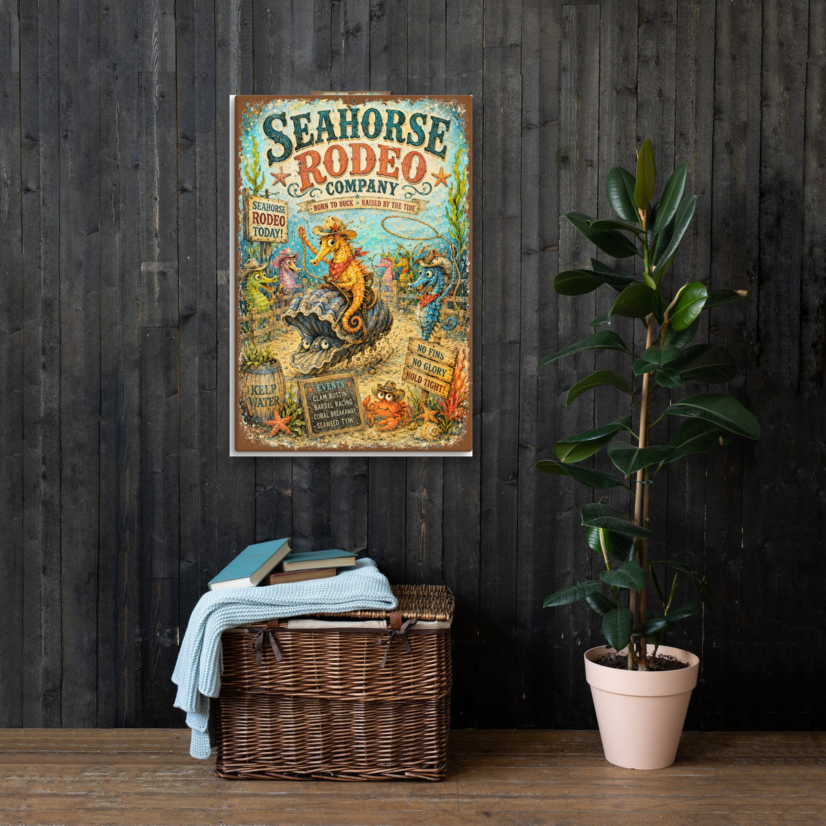 Seahorse Rodeo Company canvas, 24x36 in a living room