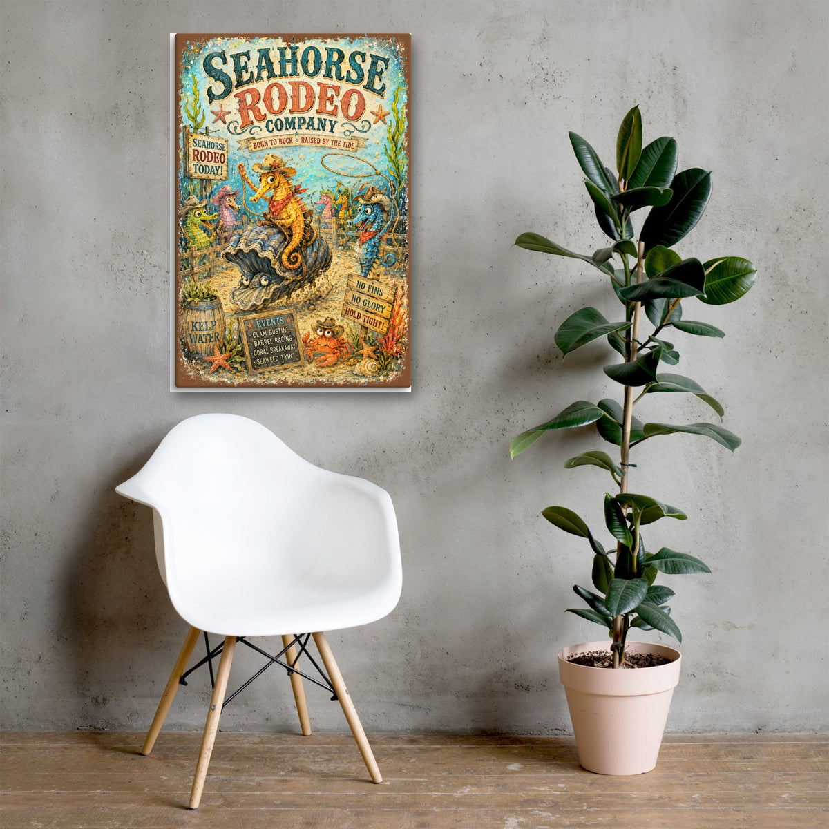 Seahorse Rodeo Company canvas, 24x36 over a console