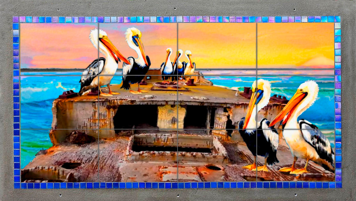 Pelican Party on the SS Selma outdoor art, pelicans on the SS Selma, kiln-fired glass panel