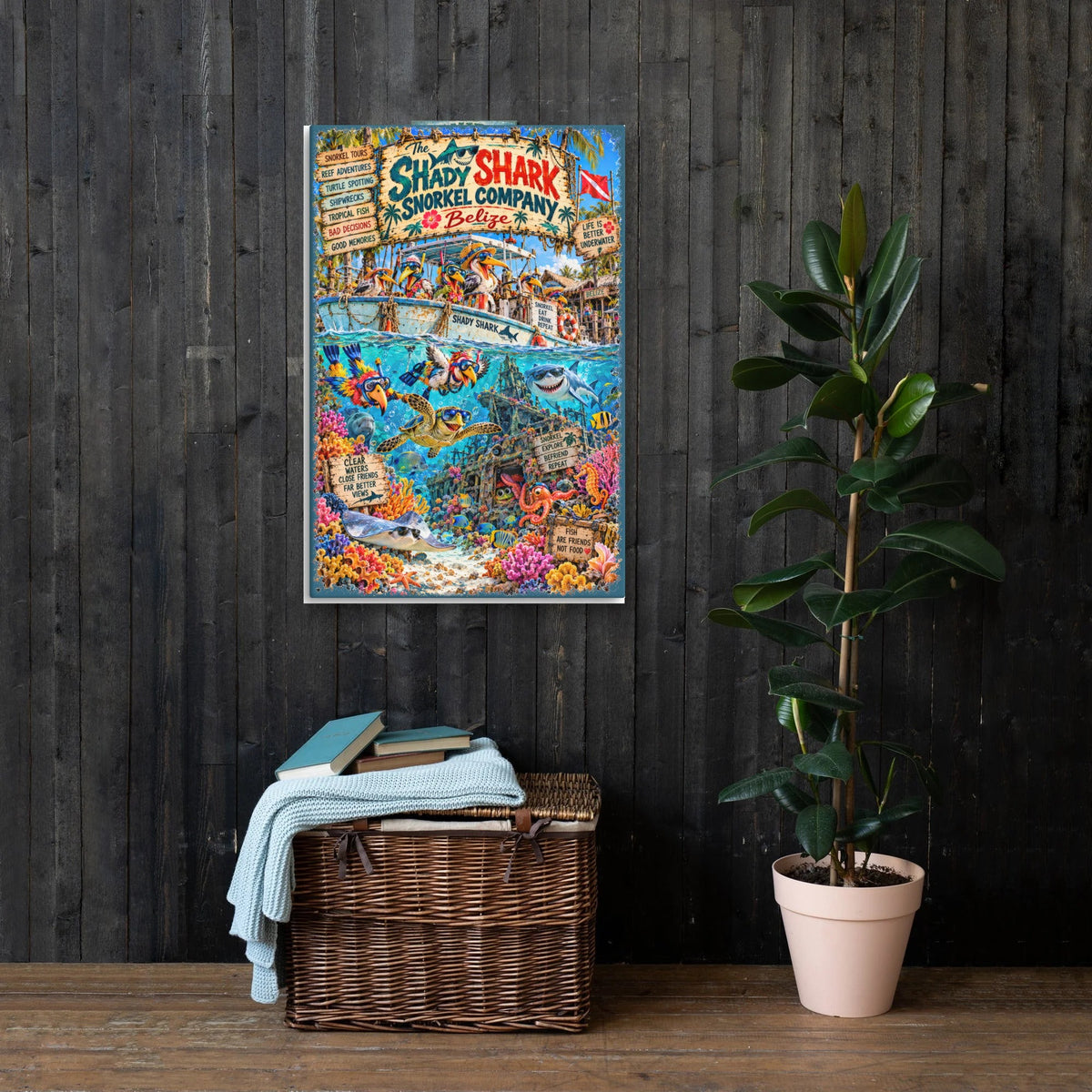 The Shady Shark Snorkel Company Canvas 24x36 on a dark wood wall
