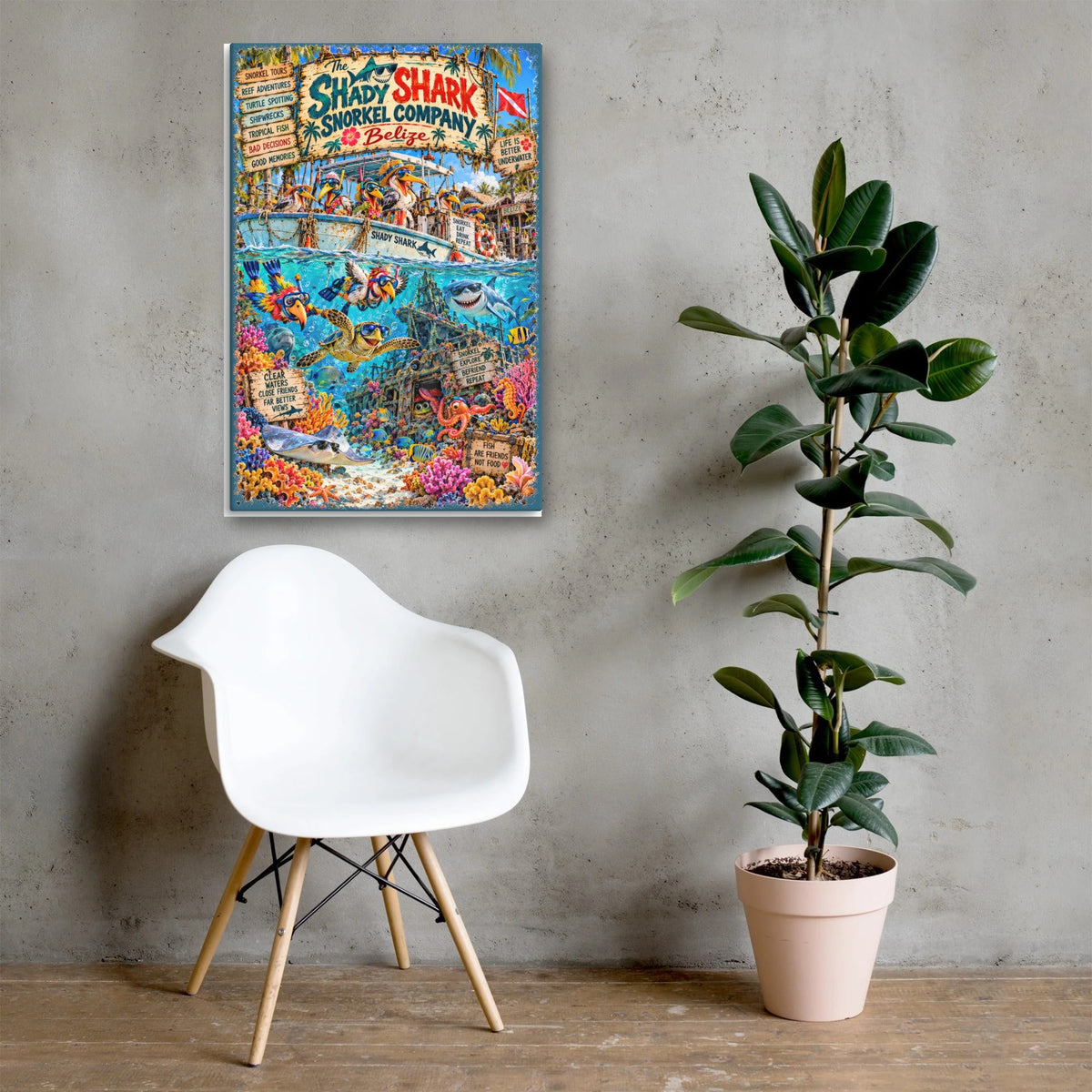 The Shady Shark Snorkel Company Canvas 24x36 above a chair