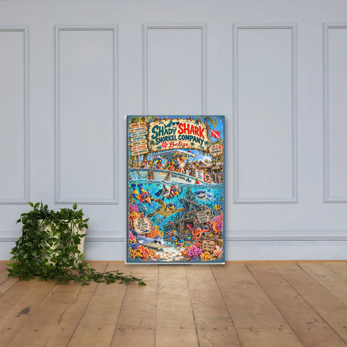 The Shady Shark Snorkel Company Canvas 24x36 leaning on a paneled wall