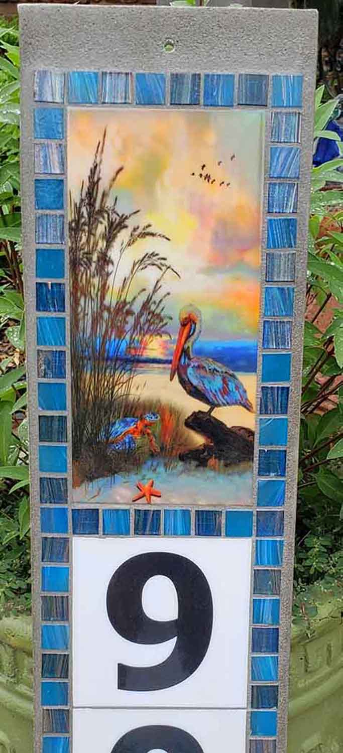 Completed Sondria and Sammy address sign - alternating Aruba & Tidepool border tiles