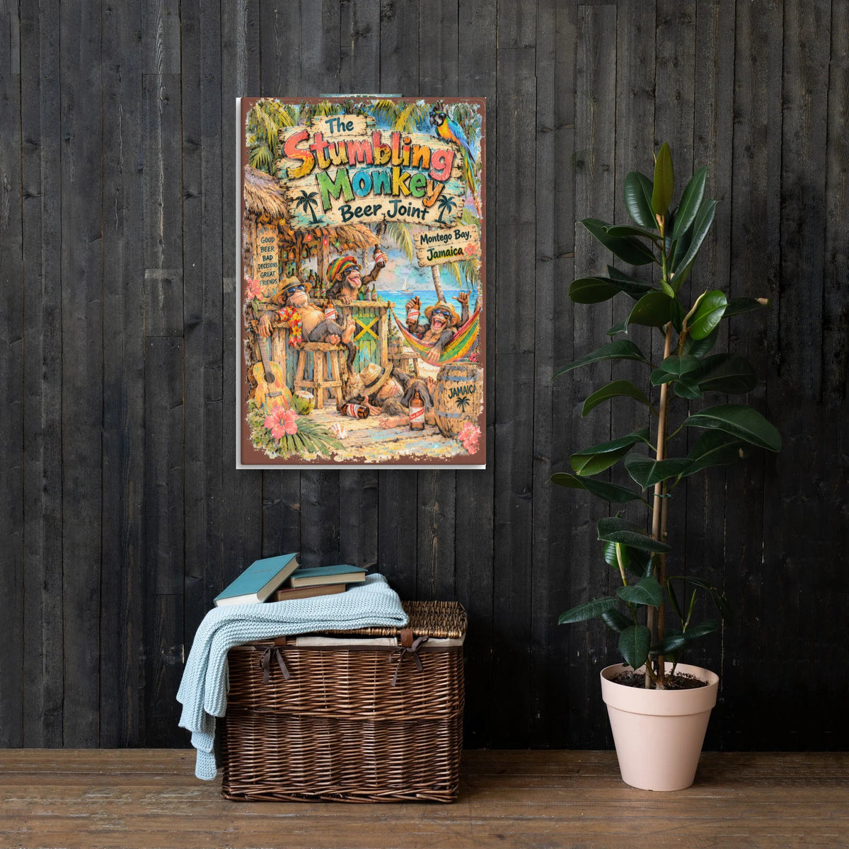 The Stumbling Monkey Beer Joint Canvas 24x36 on a dark wood wall