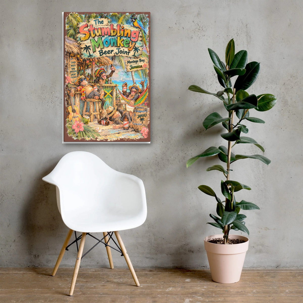 The Stumbling Monkey Beer Joint Canvas 24x36 above a chair