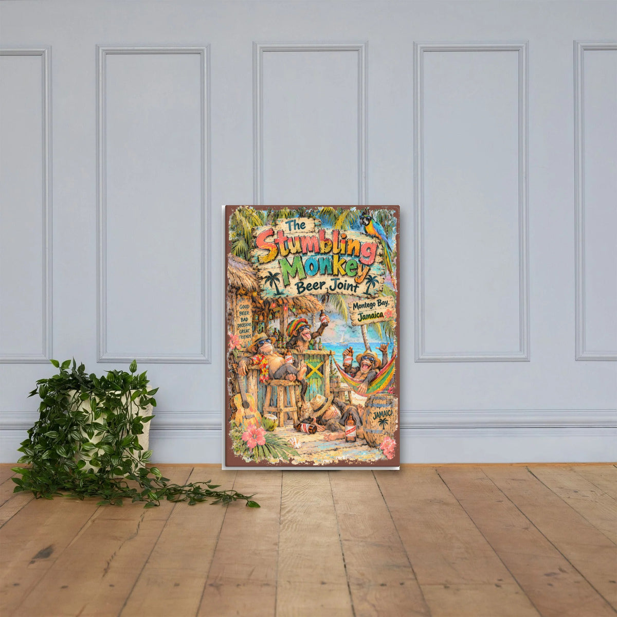 The Stumbling Monkey Beer Joint Canvas 24x36 leaning on a paneled wall