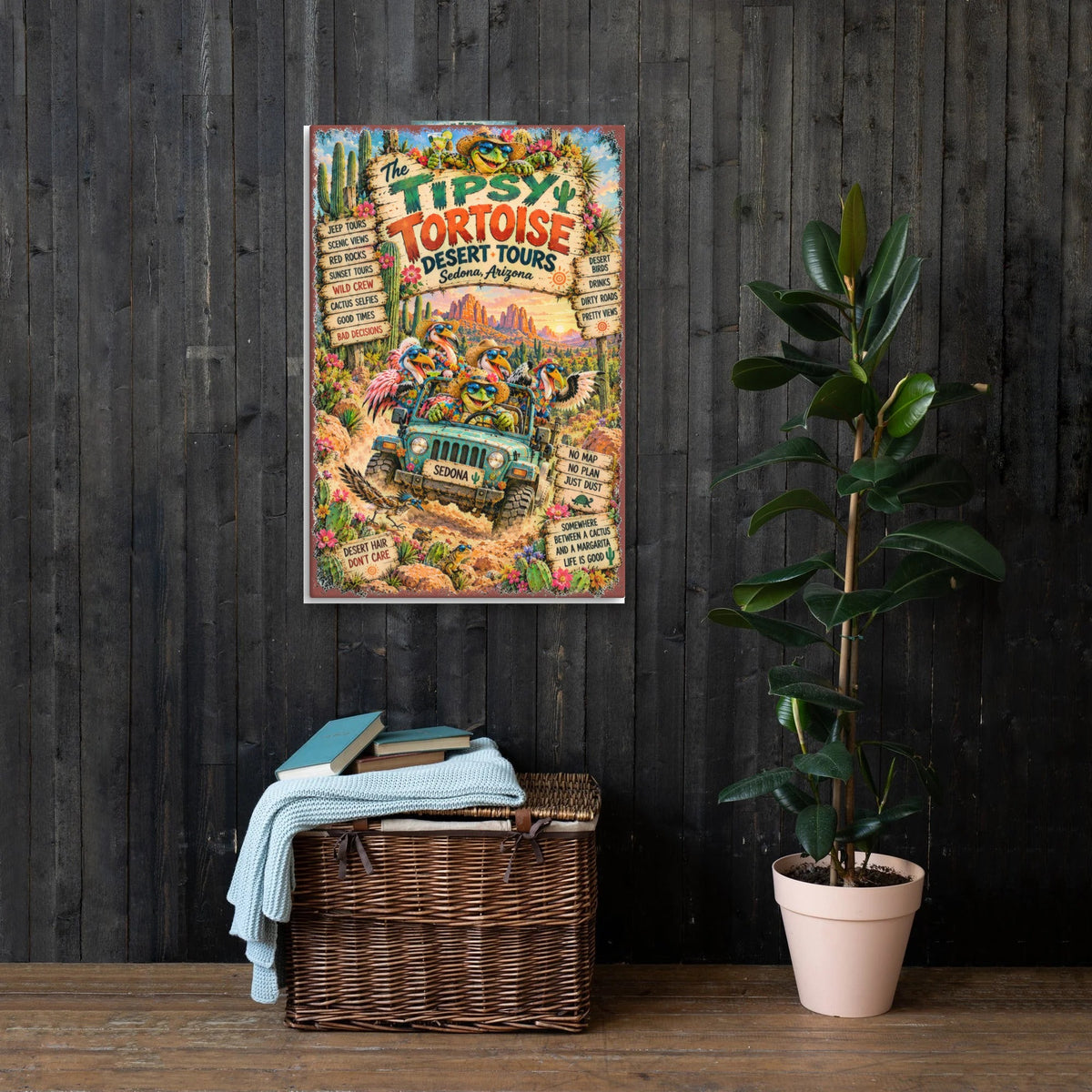Tipsy Tortoise Desert Tours Canvas 24x36 on a dark wood wall