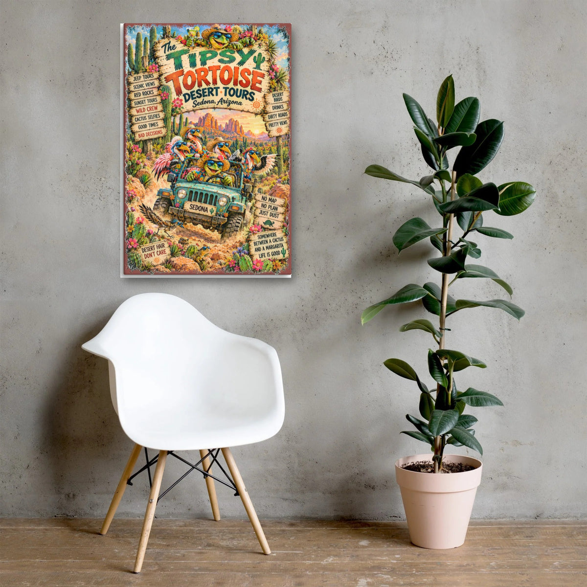 Tipsy Tortoise Desert Tours Canvas 24x36 above a chair