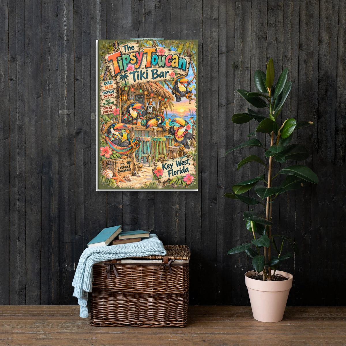 Tipsy Toucan Tiki Bar Canvas 24x36 on a dark wood wall