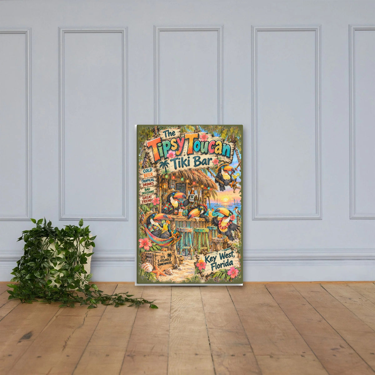 Tipsy Toucan Tiki Bar Canvas 24x36 leaning on a paneled wall