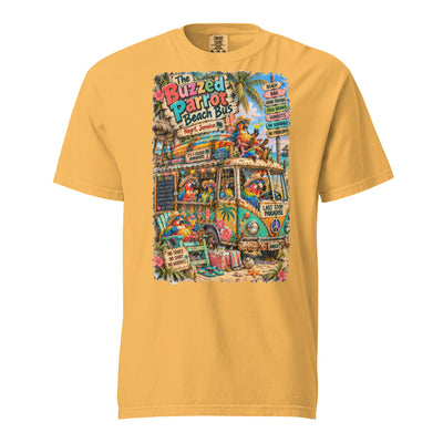 The Buzzed Parrot Beach Bus t-shirt – original artwork by The Glass Tattoo Company