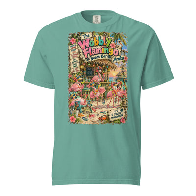 The Wobbly Flamingo Beach Bar t-shirt – original artwork by The Glass Tattoo Company