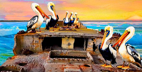 outdoor art - Pelican Party on the USS SELMA