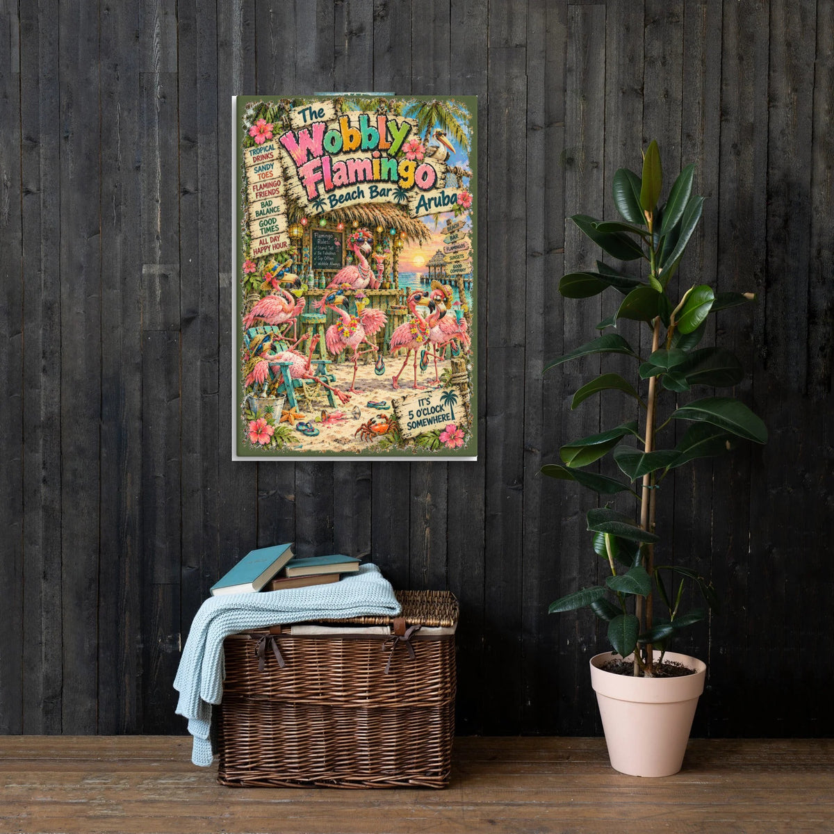 The Wobbly Flamingo Beach Bar Canvas 24x36 on a dark wood wall