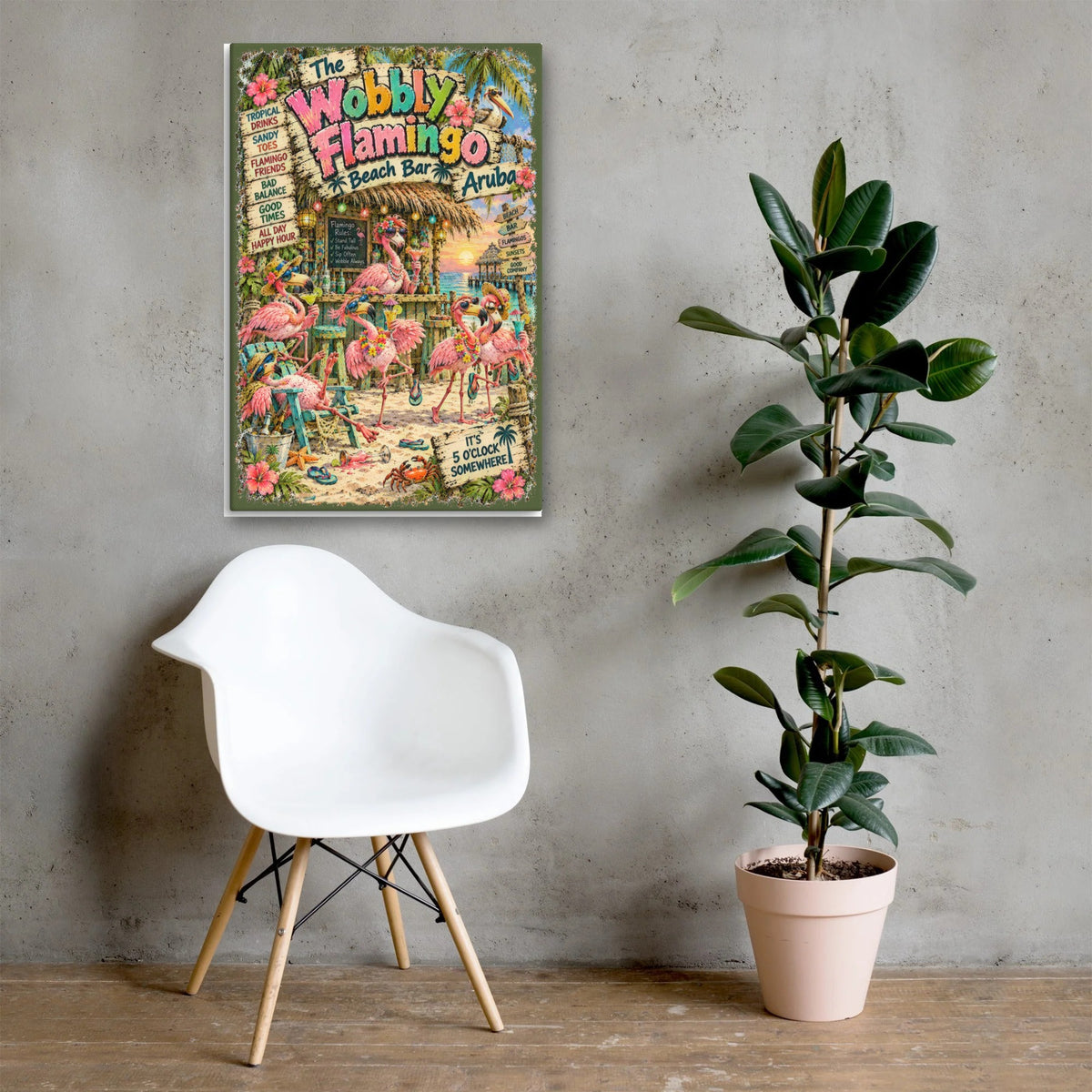 The Wobbly Flamingo Beach Bar Canvas 24x36 above a chair