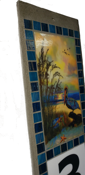 Sondra & Sammy with Aruba/Tidepool Border Tiles - The Glass Tattoo Sign Company